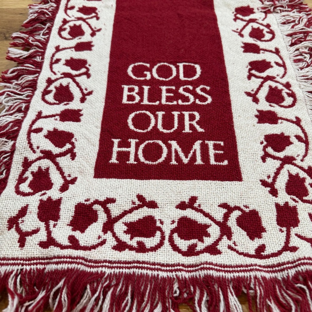 God Bless Our Home Woven Table Runner Red Cream Floral Tulip‎ Fringe Farmhouse